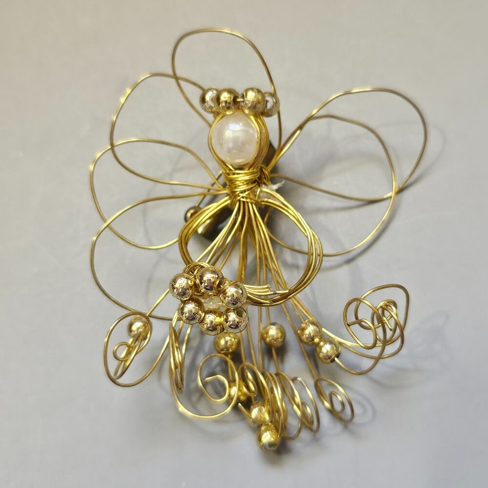 Wire Work Wrapped Faux Pearl Angel Brooch Pin Halo Winged Goldtone Vintage
